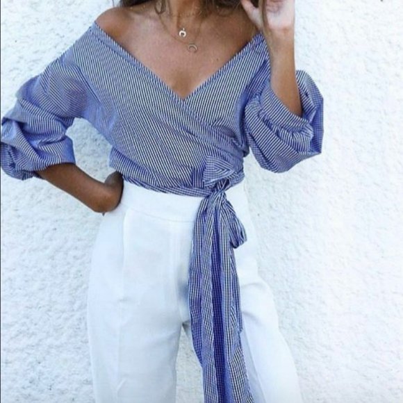Stripe Pleated Ruched Belted Crossover Blouse